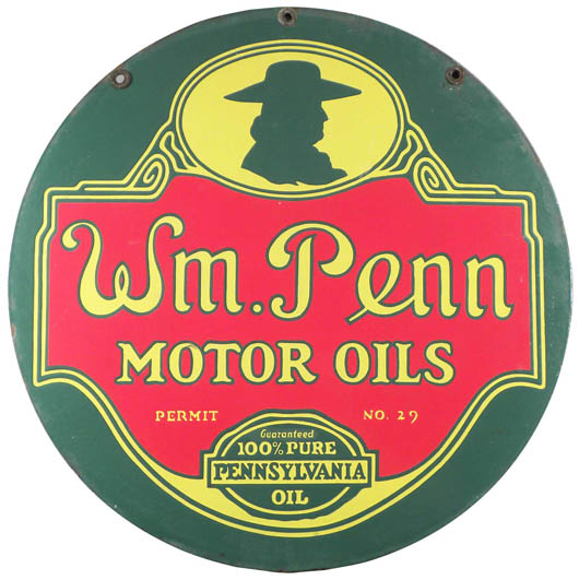William Penn Motor Oil porcelain two-sided sign in excellent condition, est. $3,000. Image courtesy Showtime.